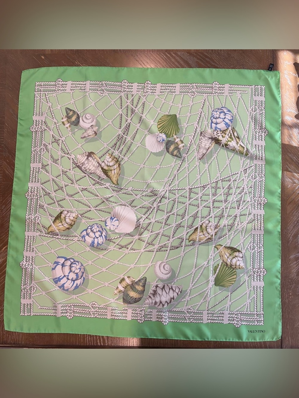 Valentino Silk Scarf Green Shell Rope Hand Rolled Made in Italy